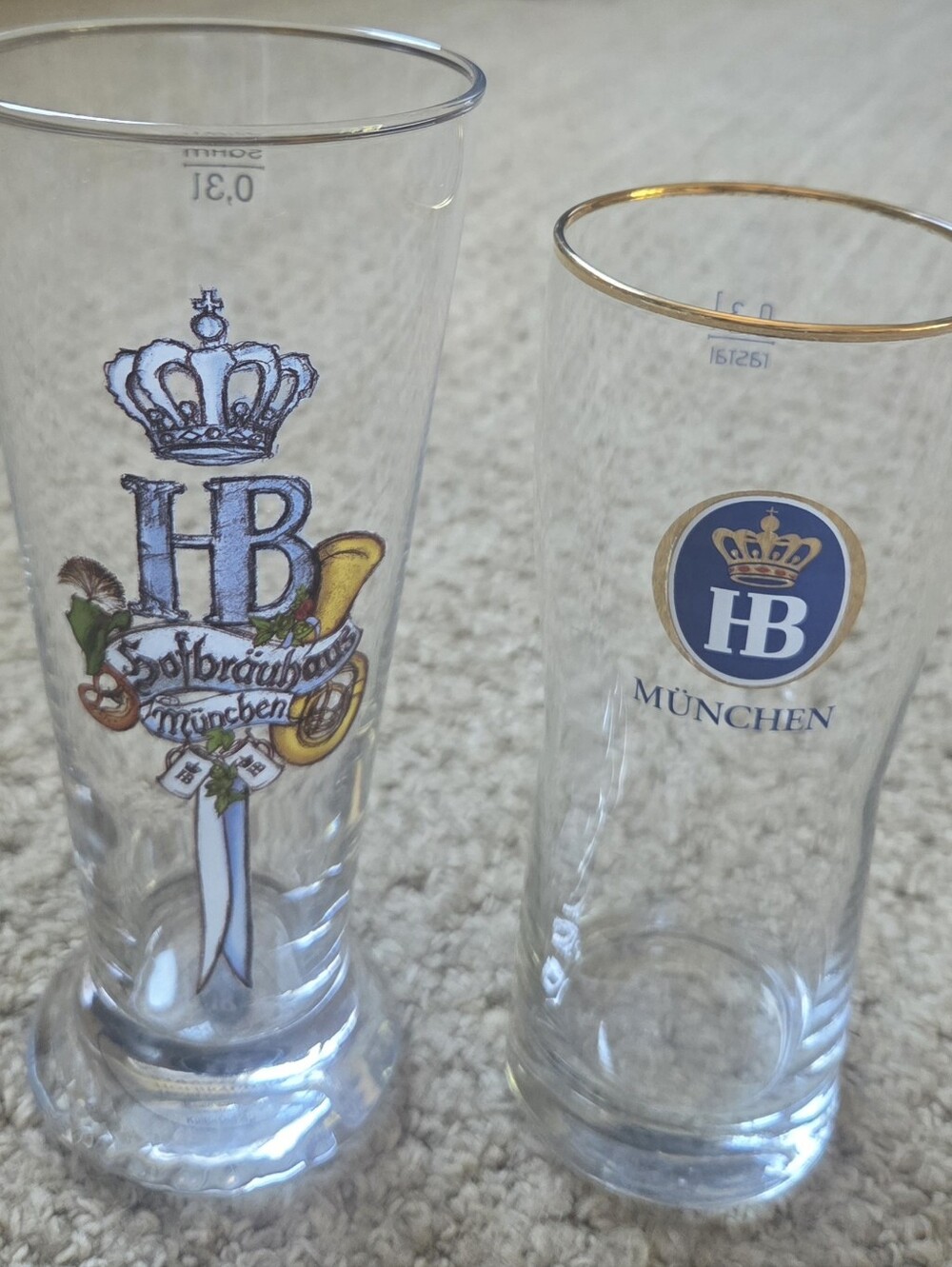Two HB München BEER Glasses Gold-Rimmed Pilsner & Footed Pilsner - HB Branding